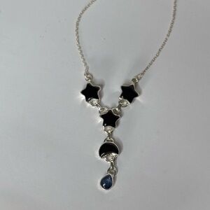 Black Onyx & Kyanite Natural Gemstone Sterling Silver Necklace 18-22 Inches